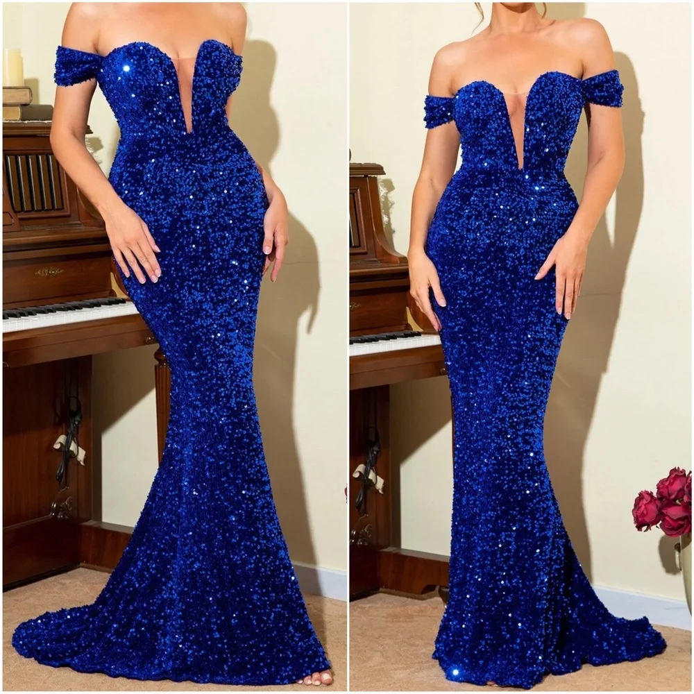 Luxurious Off Shoulder Sequin Evening Formal Wedding Dress - Picture 3 of 6